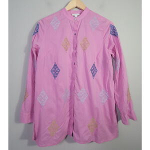 J. Jill Womens XS Cotton Embroidered Tunic Top Pink Button Front Oversized